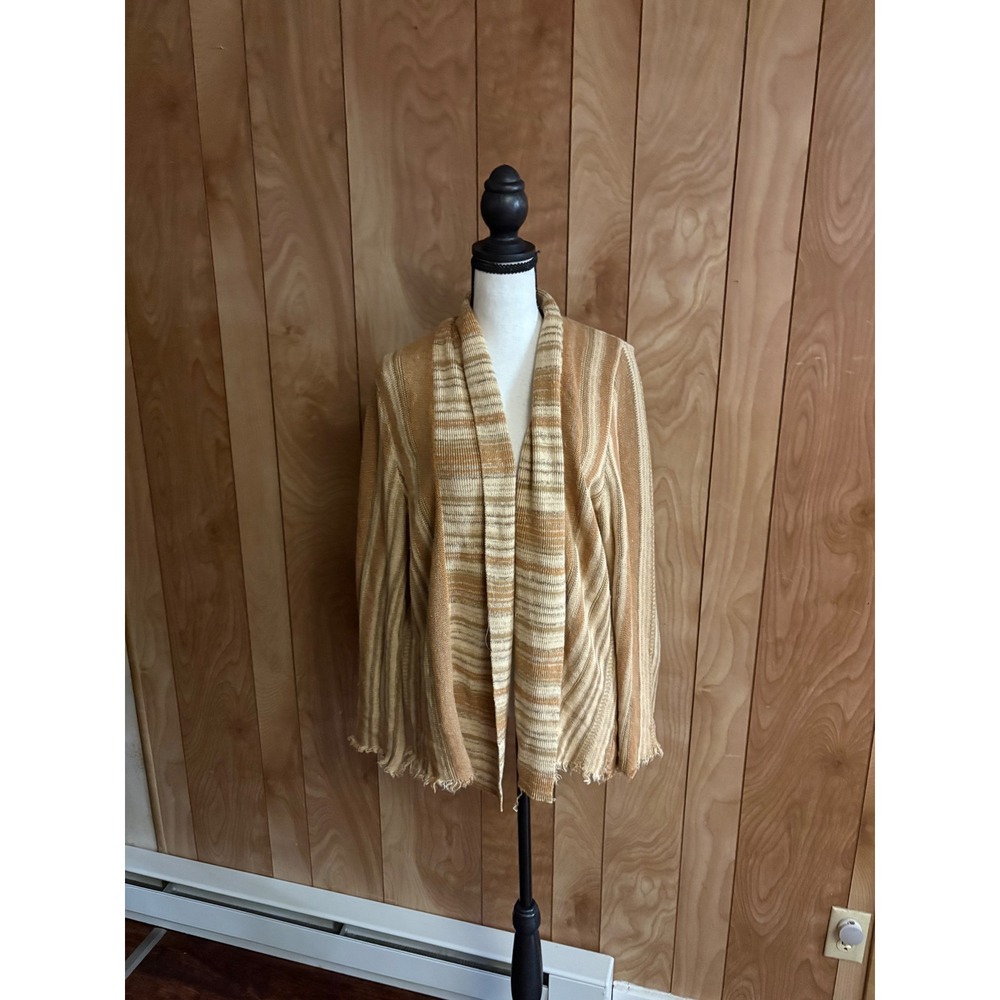 Isabella Bird Anthropologie Open Front Striped Cardigan Tan Cream Fringed Hem